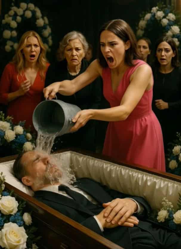 The woman walked to her husband’s coffin and poured the contents of the bucket over his face.