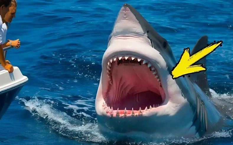 Fishermen discovered a huge shark in the middle of the ocean and were convinced it was about to attack – but what was inside its mouth terrified everyone