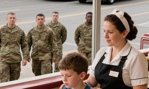 Each morning, a waitress would softly bring breakfast to a lonely boy — until the day four black SUVs appeared outside the diner, and soldiers walked in with a letter that left the entire community speechless.
