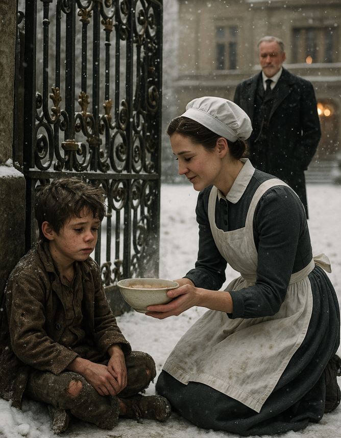 The Maid Risked Her Job to Feed a Starving Boy at the Mansion Gates — When Her Billionaire Boss Returned Early, His Reaction Uncovered a Secret That Had Been Buried for Years…