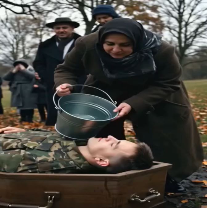 As She Approached Her Husband’s Coffin, She Suddenly Emptied a Bucket of Water Over His Face — What Followed Shocked Everyone Standing in the Cemetery.
