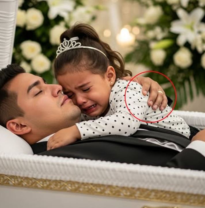 A girl hugged her father in the eerie coffin...