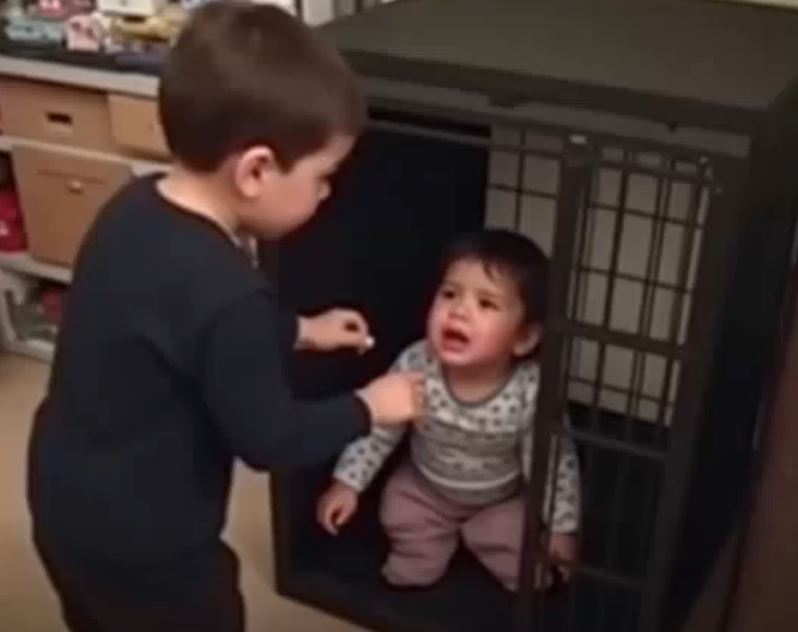 Dad catches Daughter Locking Sister In Dog Cage