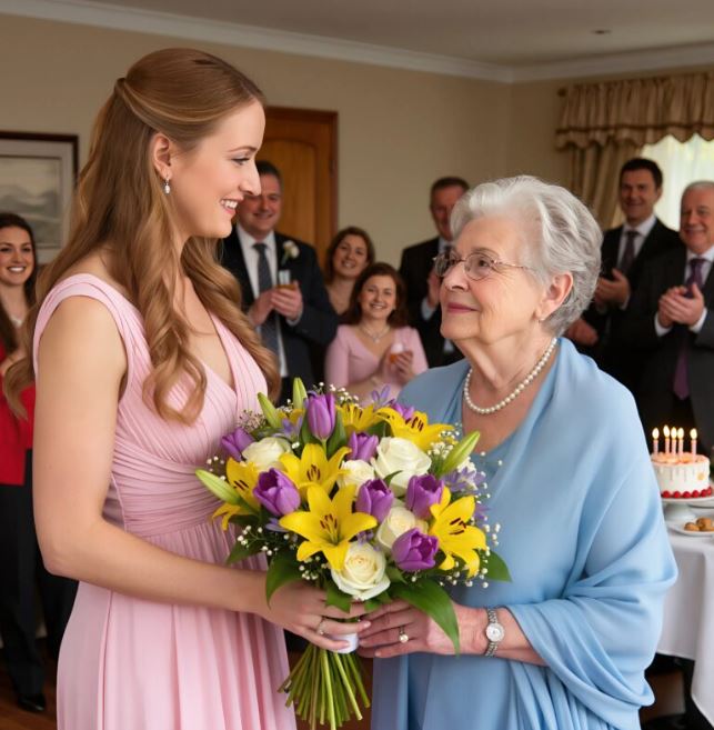 I bought a delicate bouquet for my mother-in-law’s birthday. She sneered, calling them “broomsticks,” but when I revealed my clever surprise, every guest gasped in astonishment, unable to hide their admiration.