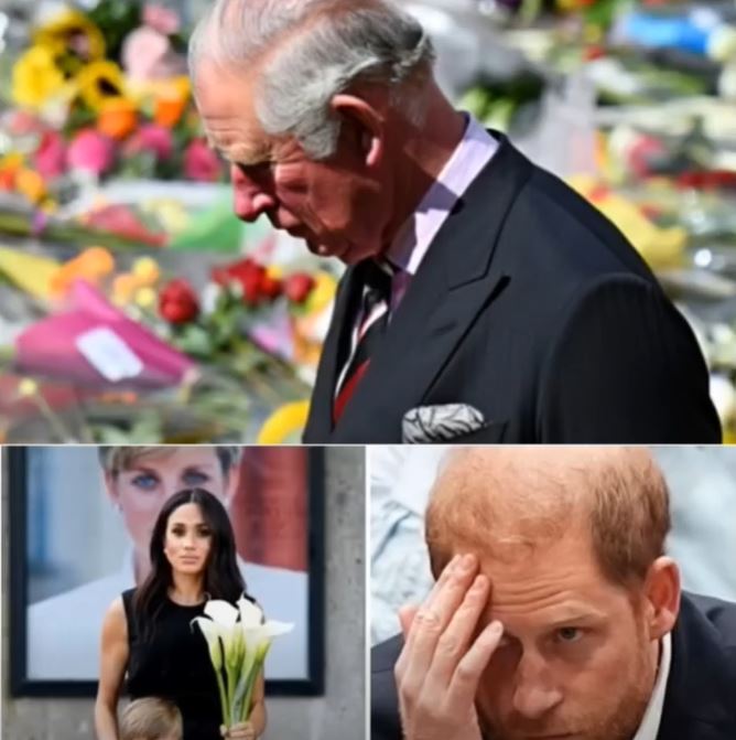 2 MINUTES AGO! “Harry… bow your head,” King Charles’s trembling voice broke the suffocating silence, a wave of sorrow blanketing the palace. Meghan returned with their two children, clutching white flowers, her face carved with grief. No press, no cameras — only the heavy weight of regret. “I am deeply saddened to announce that…” What came next will haunt Britain for generations… !!