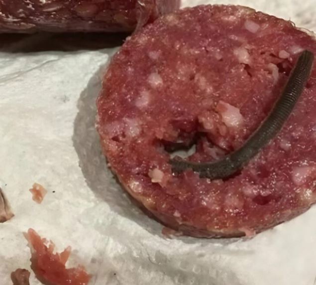 When I noticed something strange while cutting the sausage, I thought it was a worm, but when I realized what it really was, I was simply in shock; be careful